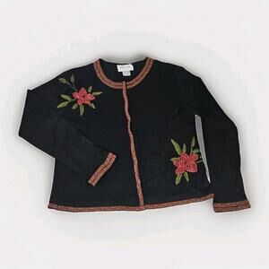 Silk Club Black Silk Cardigan Beaded Embroidered Holiday Sweater Petite Medium